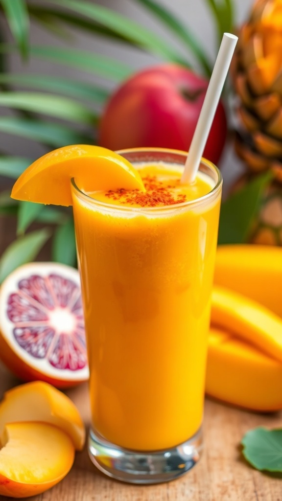 A refreshing spicy mango smoothie in a glass, garnished with mango slice and chili powder, surrounded by tropical fruits.